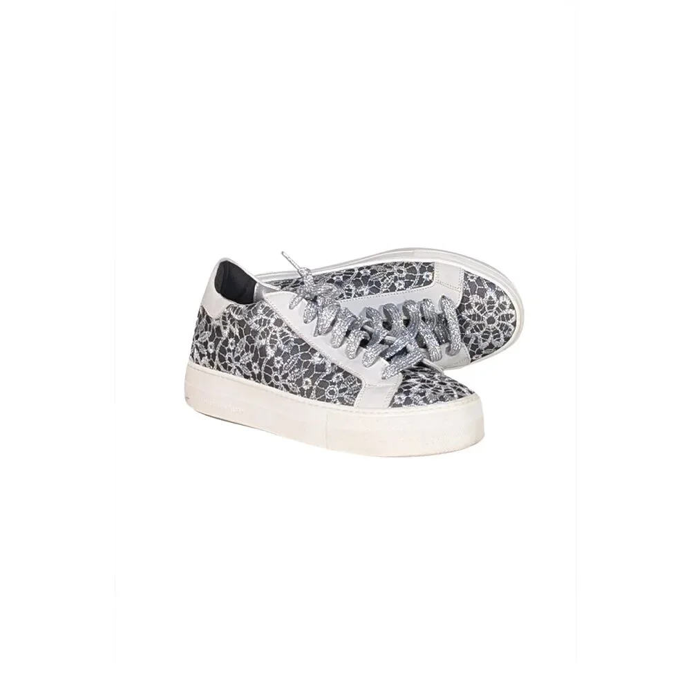P448 - Silver, Grey, & White Lace Covered Sneakers Sz 10
